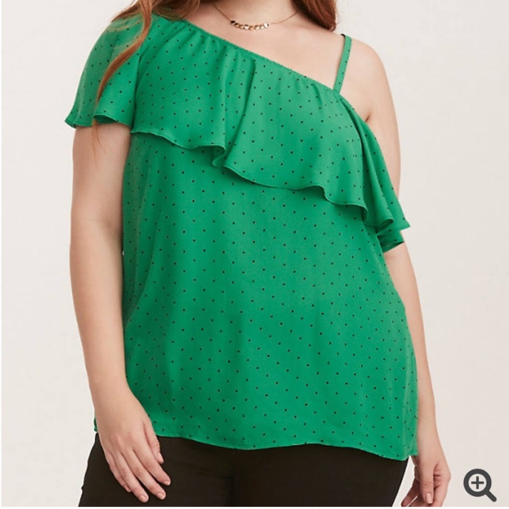 Green One-Shoulder Ruffle Polka Dot Top